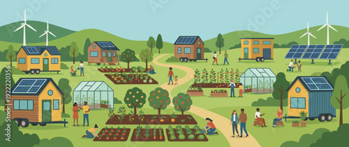 Sustainable Tiny House Community Illustration with Solar Panels, Wind Turbines, Shared Organic Gardens, Greenhouses, and Diverse People Living an Eco-Friendly Lifestyle in a Green Landscape.