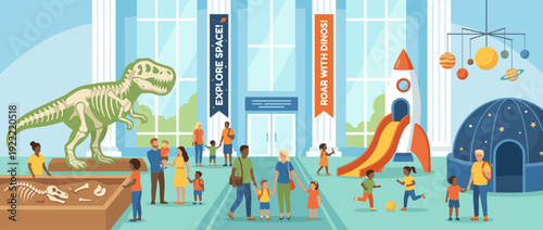 Children's Science Museum Flat Vector Illustration with Interactive Exhibits, Featuring Diverse Families Exploring a Dinosaur Skeleton, Space Rocket Slide, Solar System, and Planetarium Dome.