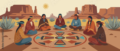 Flat vector illustration of a traditional Navajo sand painting ceremony in a desert landscape with mesas and buttes. Native American people sitting in a circle for a sacred ritual under the sun.
