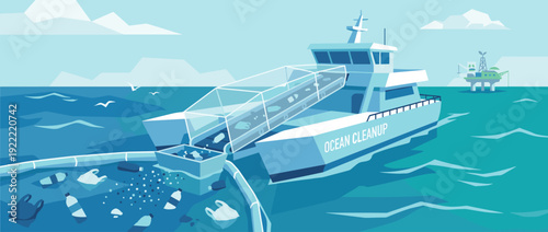 Modern Ocean Cleanup Vessel Collecting Marine Plastic Debris and Waste from the Sea Surface with a Conveyor Belt System, Environmental Protection and Sustainability Vector Illustration