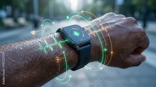 Proactive Biometric Monitoring: Holographic Vital Signs Wrapping Around Athlete's Wrist with Smartwatch