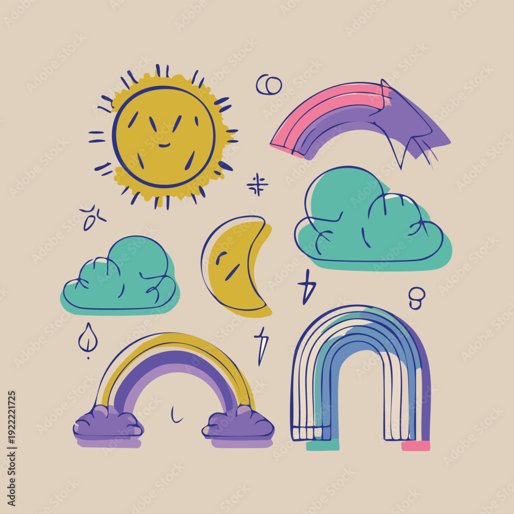 Obraz premium Playful hand-drawn doodle art featuring a sun, moon, clouds, and colorful rainbows, perfect for children's designs, weather illustrations, and cheerful backgrounds