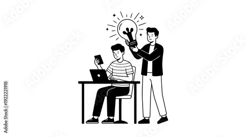 Two men collaborating on a project, with one providing an innovative idea represented by a glowing lightbulb, symbolizing teamwork and creative problem-solving.
