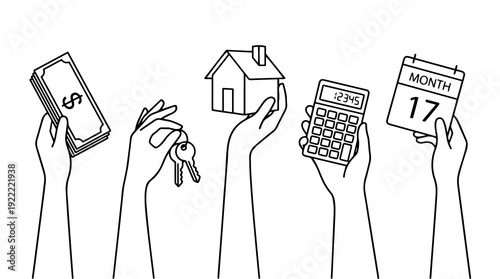 Five hands holding various items related to real estate, finance, and home ownership, including money, keys, a house, a calculator, and a calendar.