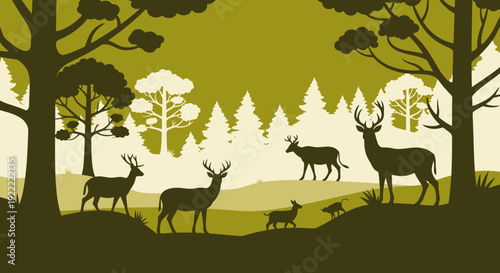 Deer family in a lush forest landscape at sunset with trees and foliage