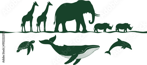 Diverse Wildlife Silhouettes Showcasing Terrestrial and Aquatic Animal Species in a Unified Graphic Design for Conservation Projects