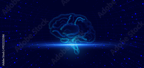 Artificial intelligence brain particle blue and pink science system on dark background. Data network science concept.