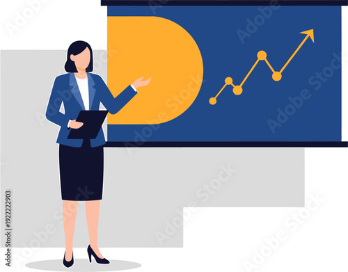 Businesswoman presenting a financial growth graph on a screen, illustrating successful strategy, data analysis, and corporate development towards achieving market success