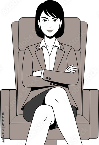 Confident female executive sits assertively in an office chair, embodying leadership and professional determination with strong posture and a direct gaze