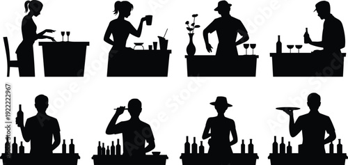 Bartender silhouettes serving drinks at bar counter, mixology and cocktail preparation collection, nightlife hospitality vector illustration