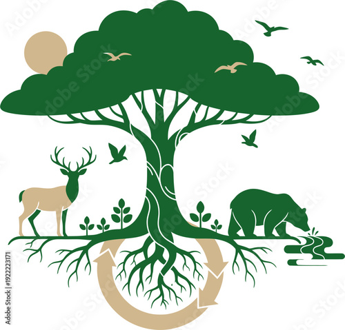 Illustration of a thriving ecosystem with a large tree, animals, and plants, symbolizing nature's balance and renewal