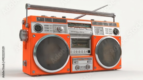 Orange Boombox isolated on white background, old audio cassette, retro cassette tape recorder, retro cassette recorder