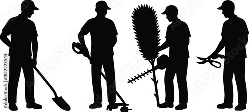 Gardener silhouette collection illustration, man with shovel trimmer and pruning shears set, landscaping service vector design, isolated white background