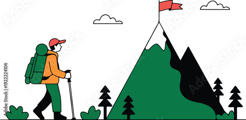 Mountain Trek Outline Icon Set  Hiker, Summit Flag & Adventure Journey