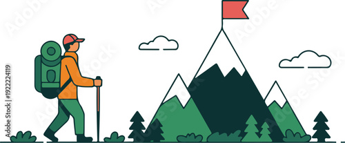 Mountain Trek Outline Icon Set  Hiker, Summit Flag & Adventure Journey