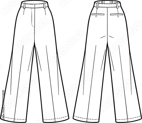 Women High Waist Wide Leg Pants Technical Fashion Flat Sketch with Belt Loops Front and Back View Illustration