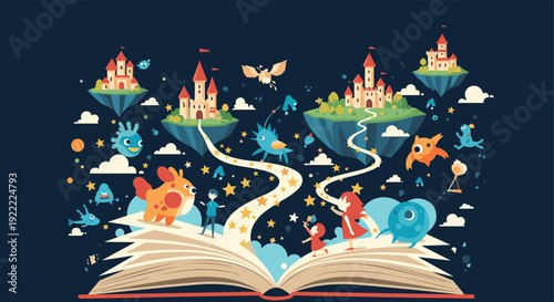 Magical open storybook unleashes a world of fantasy with floating castles, mythical creatures, and children exploring a starry path.