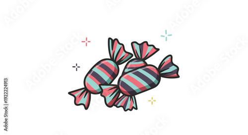Two cute pieces of candy in colorful striped wrappers, adorned with little sparkles for a sweet and festive cartoon illustration.