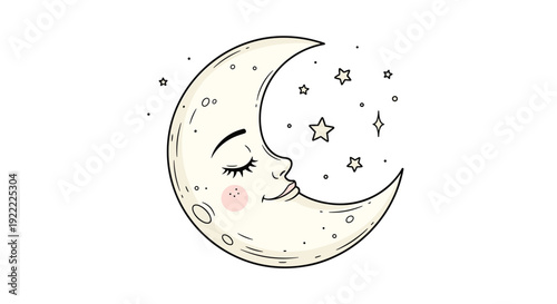 Dreamy, hand-drawn crescent moon with a serene sleeping face, rosy cheeks, and a scattering of little stars in a whimsical style.