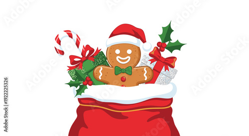 Festive gingerbread man wearing a Santa hat, peeking out of a red sack filled with Christmas gifts, a candy cane, and holly.