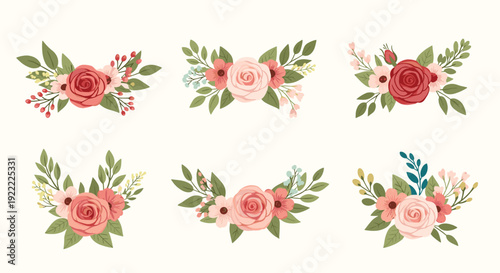 Set of six beautiful and elegant floral arrangements with pink and red roses, perfect for wedding invitations and romantic designs.