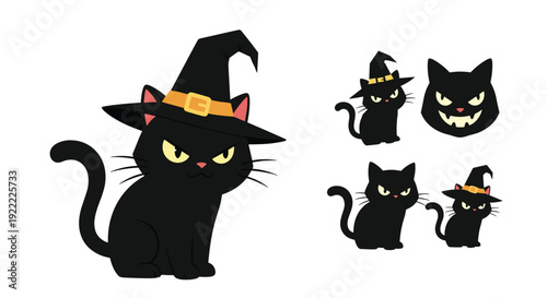 A spooky collection of black cat illustrations for Halloween, featuring a cat wearing a witch hat with various grumpy expressions.