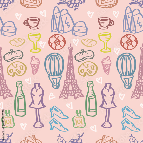 Seamless pattern with hand drawn Paris symbols. Vector illustration.