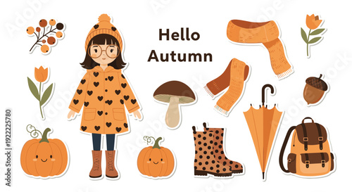 A charming autumn sticker collection in warm orange tones featuring a cute girl, smiling pumpkins, and cozy fall clothing items.