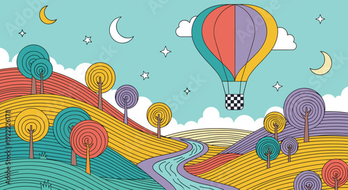 A whimsical and colorful stylized landscape with a hot air balloon flying over rolling hills, drawn with intricate line art.