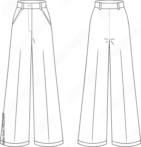 Women Wide Leg Trousers Technical Fashion Flat Sketch with High Waist and Belt Loops Front and Back View