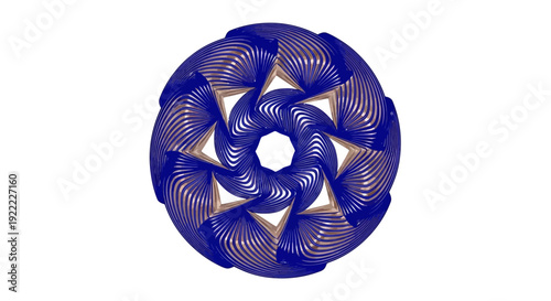 Intricate blue circular pattern with golden accents and spiral design.