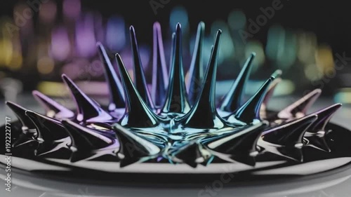 Abstract iridescent ferrofluid peaks dancing to music on black background