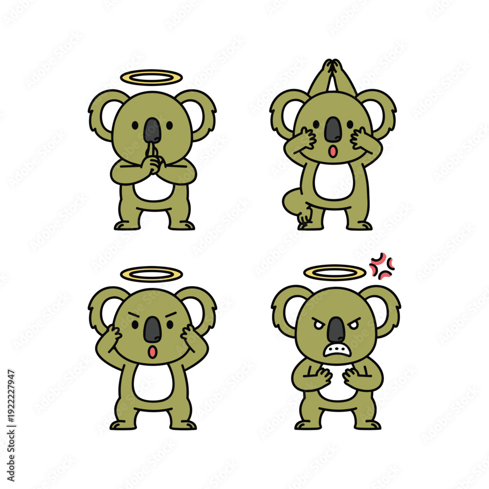 Obraz premium Koala cartoon characters showing different emotions with halo on white background