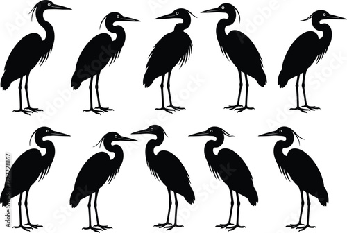 Heron Bird Silhouette Collection Standing Wading and Profile Poses Wildlife Nature Vector Illustration Isolated on White Background