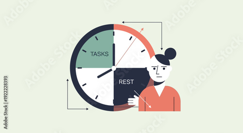 Time management illustration with tasks rest and focused woman.