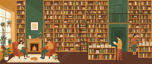 Cozy Bookstore Interior Flat Vector Illustration with People Reading in Armchairs by a Warm Fireplace, Floor-to-Ceiling Bookshelves, Library Ladder, Sleeping Cat, and Potted Indoor Plants