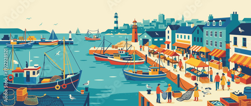 Vibrant flat vector illustration of a bustling coastal harbor featuring fishing boats, a lively waterfront market with colorful stalls, people shopping, fishermen with nets, and a lighthouse.