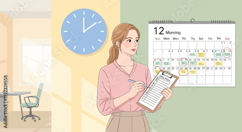 Woman Planning Schedule with Calendar and Clipboard in Office.