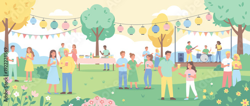 Flat vector illustration of a vibrant spring garden party with colorful paper lanterns, bunting, and guests mingling outdoors. People enjoying food, drinks, and live music in a sunny park.