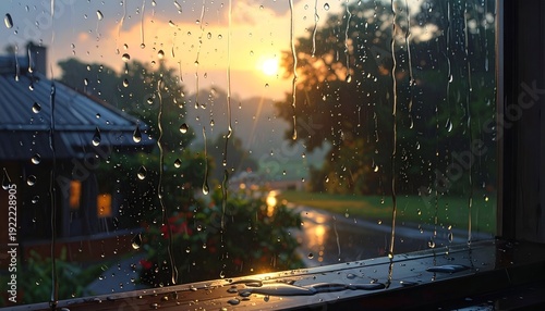 A rainy window view showcasing a sunset over a quaint street and countryside
