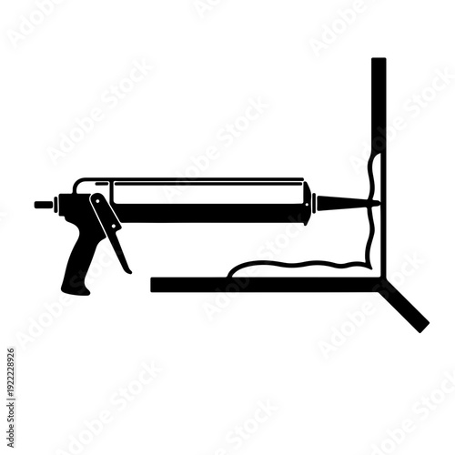 Icon of sealant application on a corner joint. Manual caulking gun applying silicone or adhesive to a surface gap. Professional construction and DIY repair instruction vector illustration