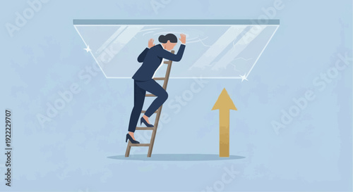 Businesswoman hitting glass ceiling on ladder representing career stagnation and inequality.