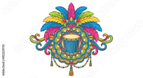 Vibrant Carnival Mask with Feathered Headpiece and Ornate Details.