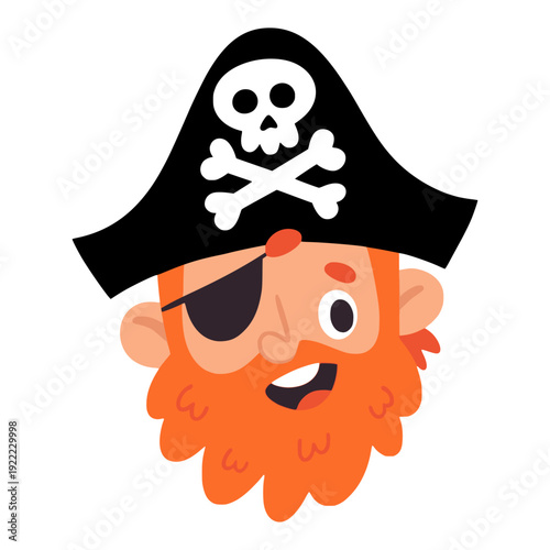 cartoon one eyed pirate captain face profile avatar character flat color vector illustration template design