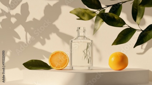 a transparent bottle stands on a podium a branch of a citrus tree and slices of citrus