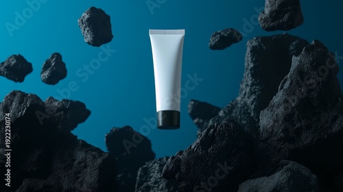 A toothpaste with black stone on a blue background