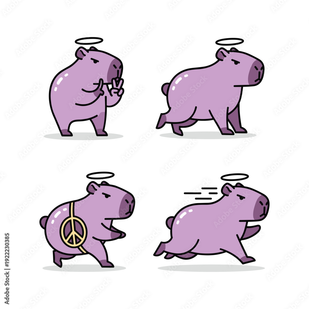 Fototapeta premium Cartoon capybara character in different poses with halo and peace sign