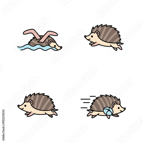 Cartoon hedgehog in different actions with comedic effect and copy space