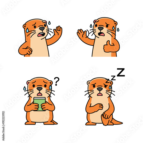 Stressed otter reactions set with different emotions on white background