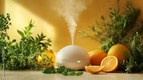 An aromatherapy essential oil diffuser emitting a gentle mist